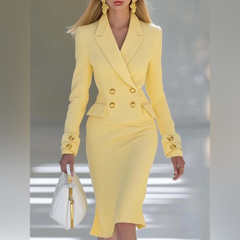 Elegant and Simple V-neck Light Yellow Knitted Midi Dress